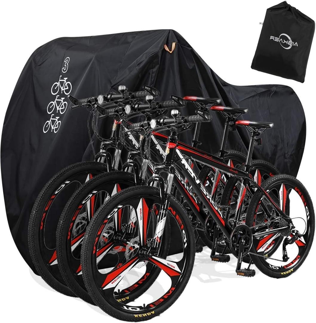 Aiskaer Bike Cover for 2-3 Bikes, Waterproof, Black, Polyester, Heavy Duty, Mountain, Road, Electric Bikes