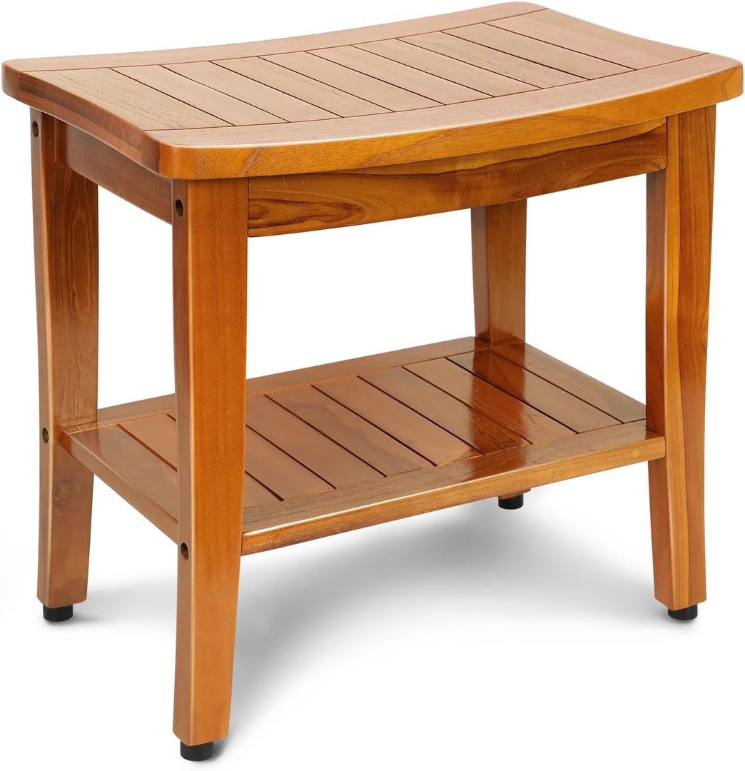 20" Premium Teak Shower Bench with Shelf & Handle, Solid Teak Shower Stool, Durable Wooden Waterproof Seat for Inside Shower, Teak Wood Bench for Bathroom, Indoor & Outdoor Use, 20" W x 13.5" Dx 18" H
