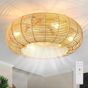 20" Caged Ceiling Fan with Light and Remote, Boho Ceiling Fan with Light Flush Mount Rattan Fandelier Bedroom Ceiling Fans Low Profile, 6 Speed, Reversible for Living Room, Kitchen (4*E26 Base)