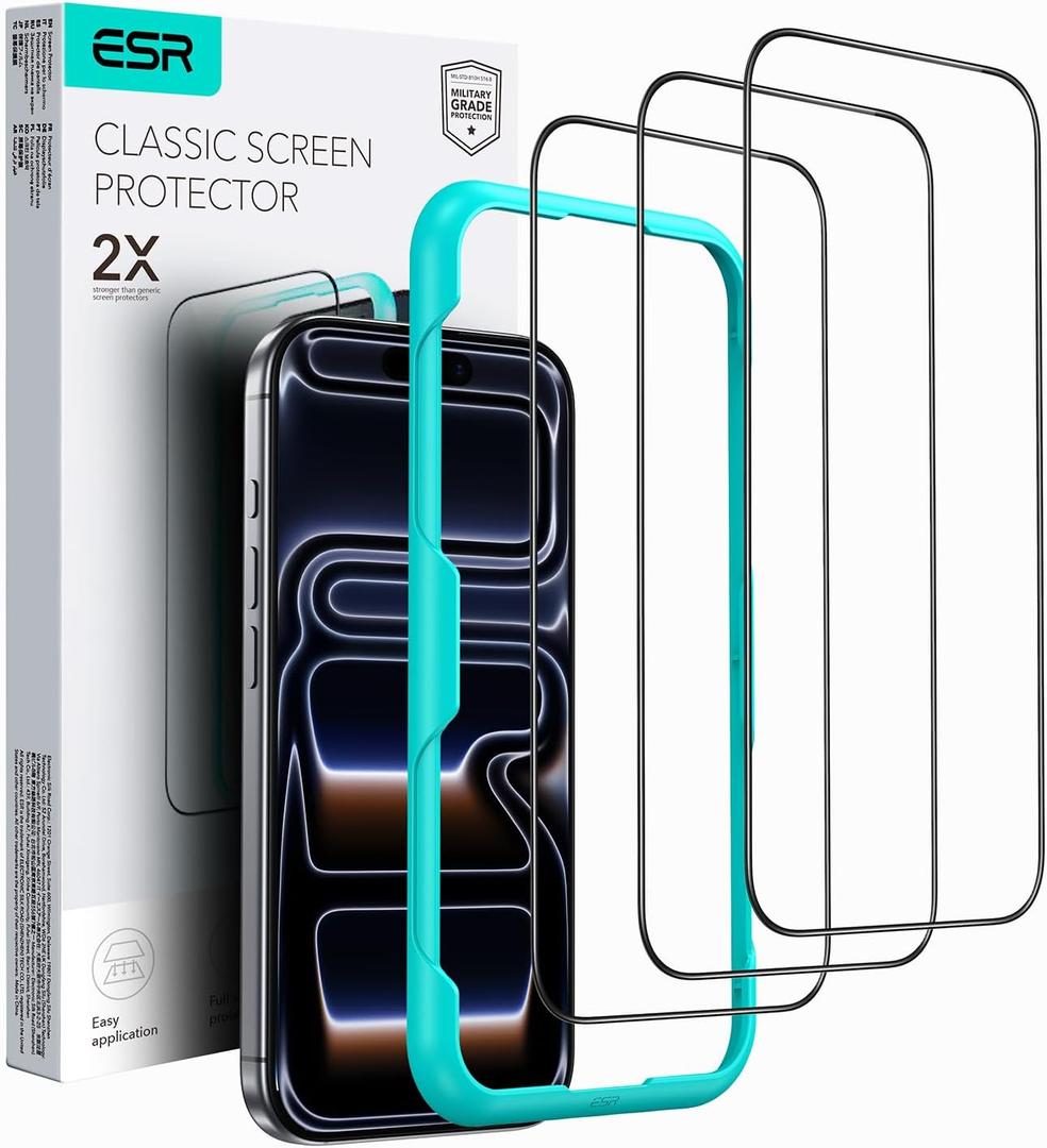 ESR 3 Pack for iPhone 17/iPhone 16 Pro Screen Protector, [9H Hardness] [Military Grade Shatterproof] Full Coverage Tempered Glass Film with Easy Installation Tool, HD Clear, Scratch Resistant