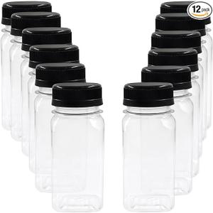 Piutouyar 4 oz Plastic Juice Bottle, 12 Pack Reusable Bulk Beverage Drink Containers Household Beverage Containers for Juice, Milk, Water, Smoothies, Homemade Beverages