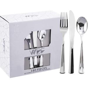 WDF 180 Pieces Silver Plastic Silverware - Silver Plastic Cutlery - Fancy Plastic Silverware Heavy Duty - 60 Forks 60 Knives 60 Spoons - Disposable Plastic Utensils Perfect for Party/Wedding