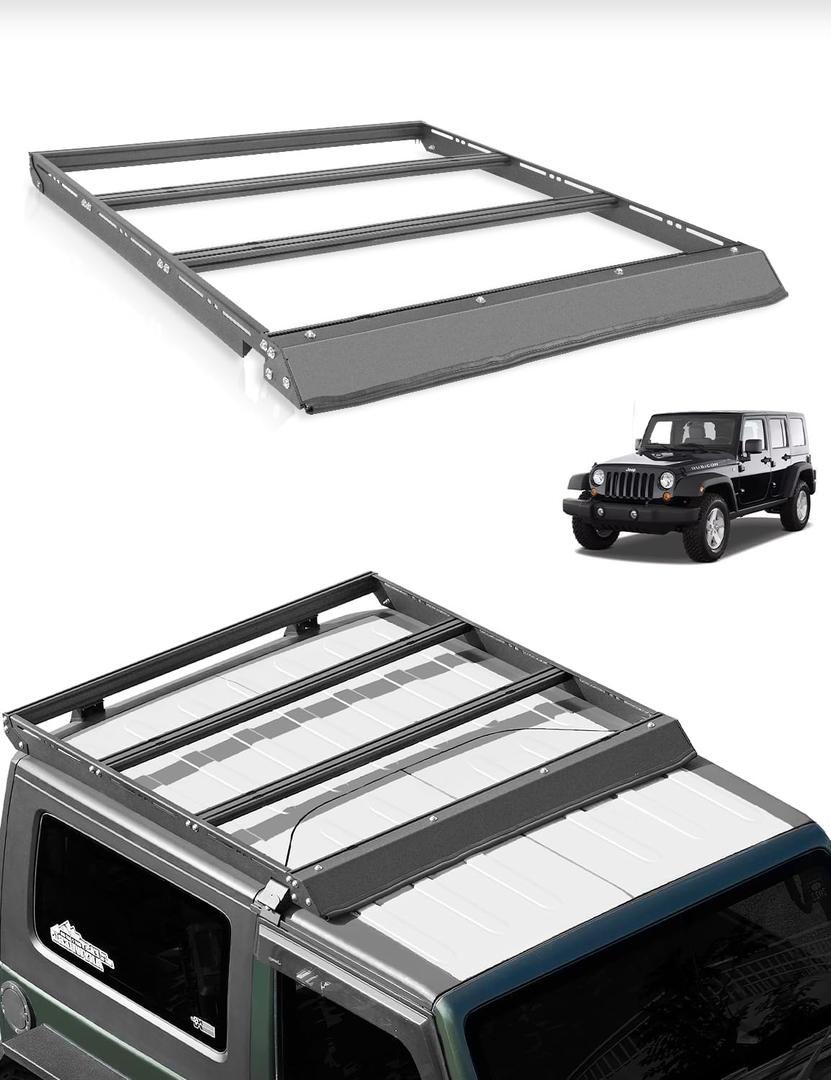 JROAD Wrangler JK Hard top Platform Roof Rack,Half Short Cargo Carrier Basket Cross Bars fit for 2007-2018 Jeep Wrangler JK 2/4 Doors Hardtop, Rooftop Storage Carrier Luggage Rack