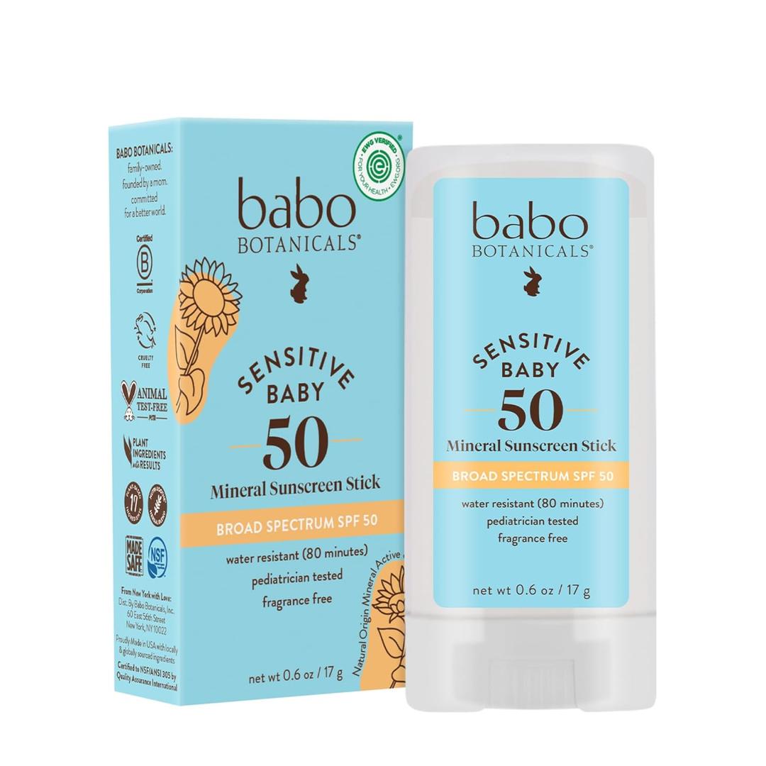 Babo Botanicals Sensitive Baby Mineral Sunscreen Stick SPF 50-70% Organic Ingredients - Zinc Oxide - NSF & Made Safe Certified - EWG Verified - Water Resistant - Fragrance-Free - for Babies & Kids (0.6 Ounce (Pack of 1))