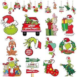Griinch Ornaments for Christmas Tree Wood, Double-Sided Printing 24 Pcs Christmas Tree Decorations Hanging Ornaments for Tree Home Indoor Outdoor Decorations Pack Of 20