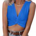 Vrtige Women's V Neck Twist Front Sleeveless Ribbed Knit Sexy Tank Crop Top Plain Royal Blue Small