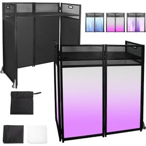 DJ Facade Booth Table 43" x 22"-Portable with Black&White Lighting Scrims Flat DJ Booth Panel-Black Metal Frame with 2 Extra Wheels for Show, Party