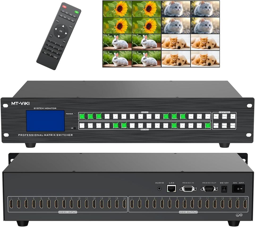 4K HDMI Matrix 16x16 w/Web & AUX Audio Output, MT-VIKI Matrix Switcher Support LAN/RS232/IR/APP Switch, Fit 2U Rackmount Rack (16 in 16 Out)