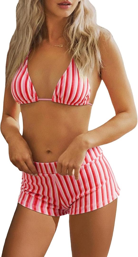 ZAFUL Bikini Sets for Women Boyshort Bathing Suit Halter Triangle Top Bikini with Shorts Set Striped Swimsuit Beach Outfits, Medium