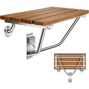 24" Wall Mounted Folding Shower Seat with Stainless Steel Bracket, Structural Stability, 500 lb Capacity, Space-Saving, Teak Shower Bench for Elderly, Disabled, Pregnant Women, Kids