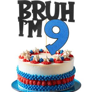 Nogeqi Bruh I'm 9 Cake Topper Blue Glitter Happy 9th Birthday Boy Cake Pick Decor, Bro I'm 9 Cakes Decoration, Nine Years Old Birthday Decorations Party Supplies