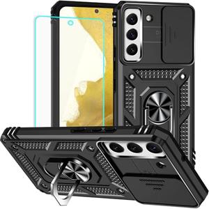 HNHYGETE for Galaxy S22 Case with Screen Protector: [Military Grade 20ft. Drop Tested] Slide Camera Cover Ring Shockproof Protective Phone Case for - Samsung Galaxy S22 (Black)