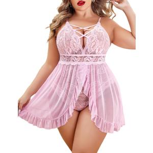 Avidlove Plus Size Lingerie for Women Sexy Snap Crotch Babydoll Lace Chemise Curvy Strappy Ruffle L (Pink)