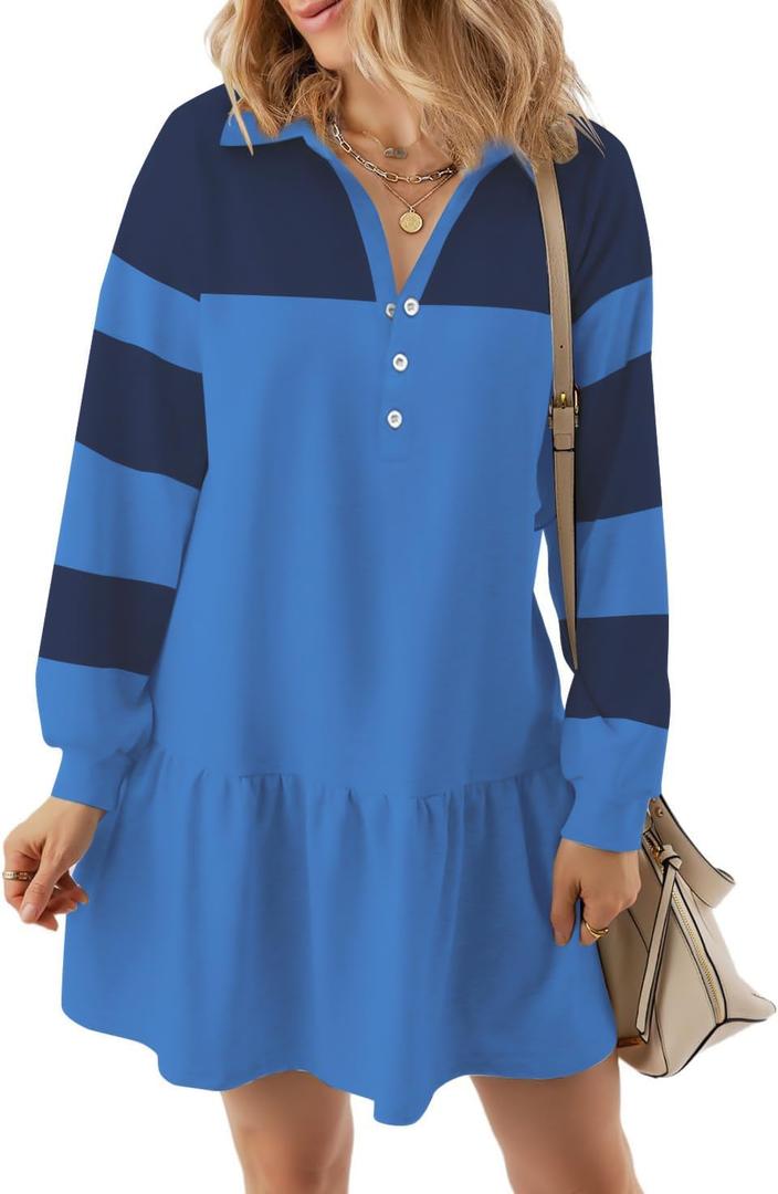 kipfall Women's Casual Dresses Long Sleeve Button V Neck Sweatshirt Dress Lapel Collared Pullover Dress (Blue, M)