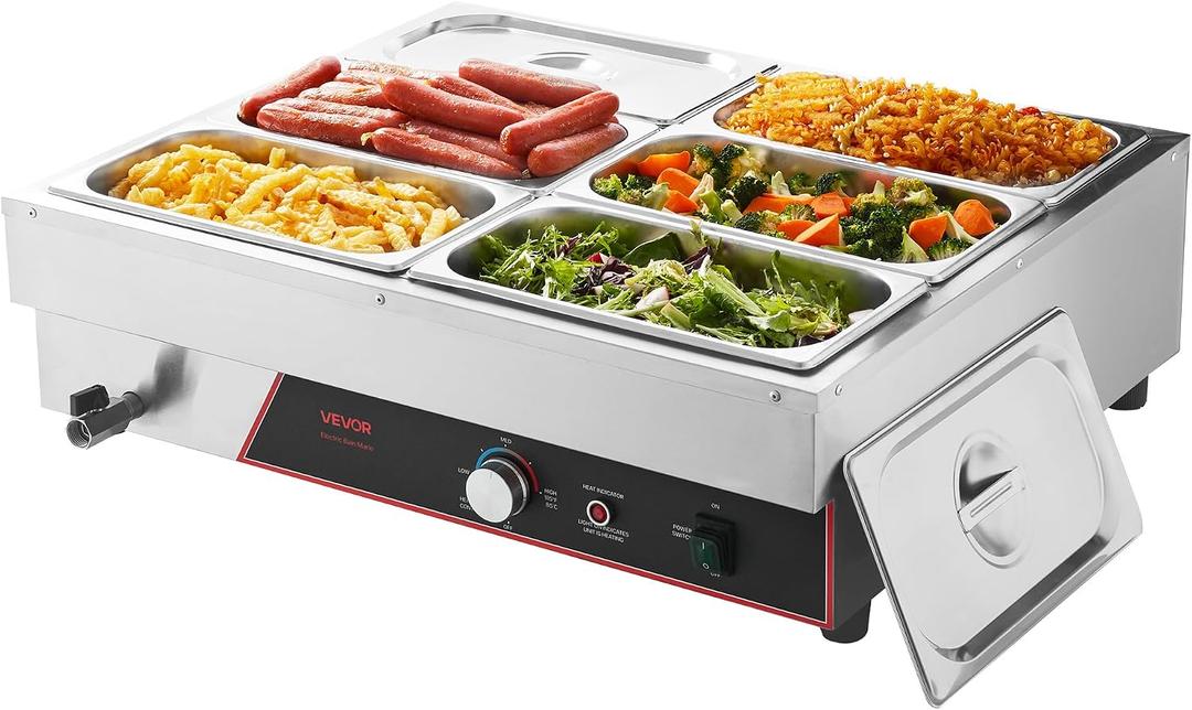 VEVOR Commercial Food Warmer, 1500W Electric Stainless Steel Steam Food Warming with Lid, 6-Pan Fast Heating Countertop Buffet Bain Marie with Power Cord, for Catering, Restaurant, Party & Buffets