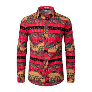 PARKLEES Men's Cotton Linen-Like 70s Disco Retro Traditional Pattern Printed Long Sleeve S