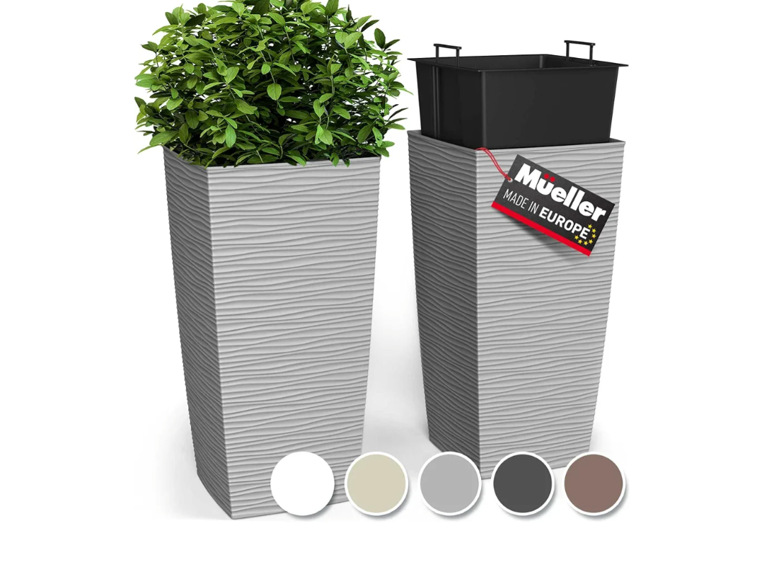 Mueller M-Resin Heavy Duty Tall Planter, Indoor/Outdoor Grande Plant, Tree, Flower Pot, 2-Piece Set, 24”, Modern Design, Built-in Drainage, Dark Grey
