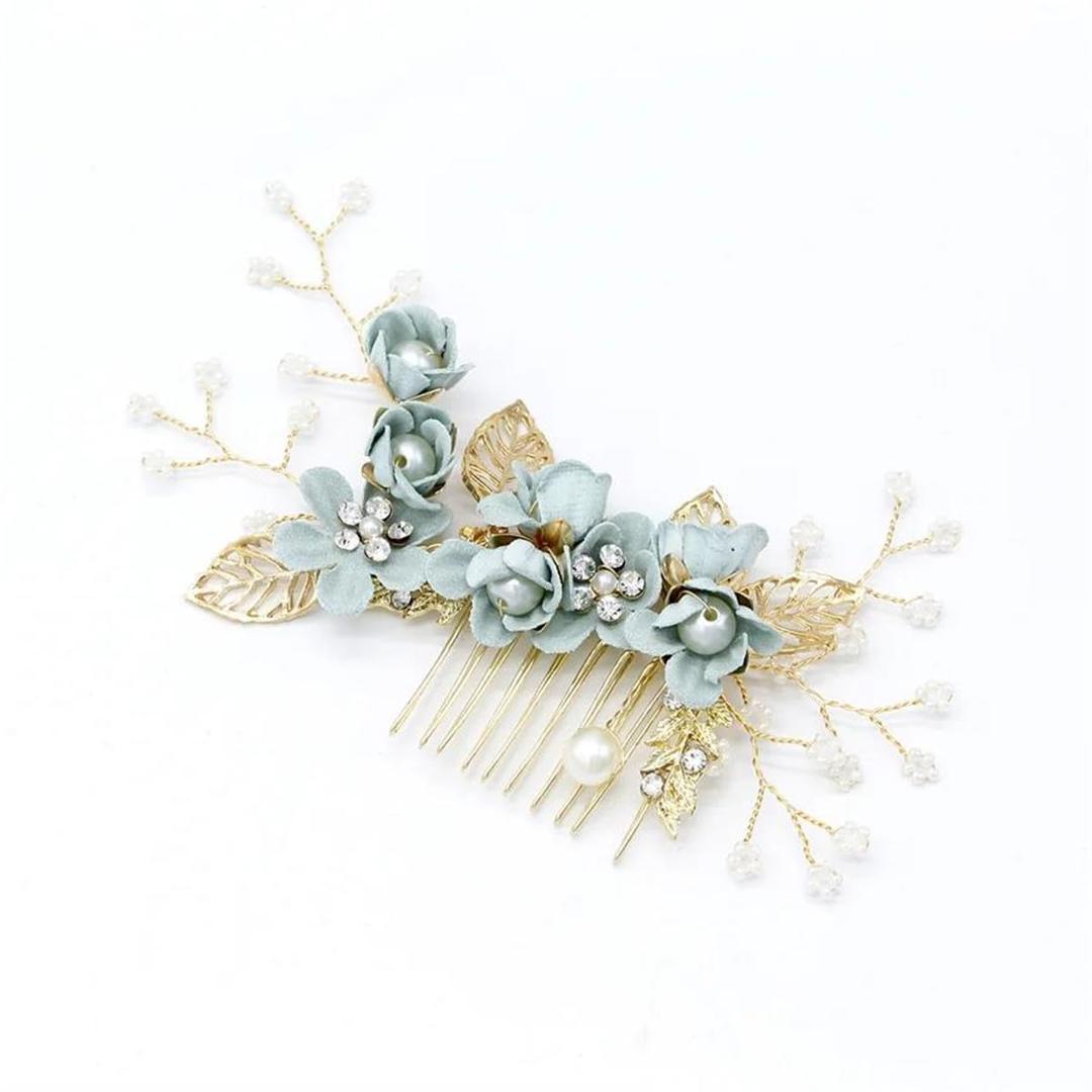 Bride Wedding Hair Comb Pearl Flower Hair Piece Rhinestone Bridal Hair Accessories for Women (Gray Blue)