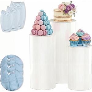3Pcs White Cylinder Pedestal Stands, Stable Round Display Plinth Pillars with Weighted Water Bag & Spandex Covers, PVC Cake Stand for Wedding Party, 35.5/29.5/23.5 Inches