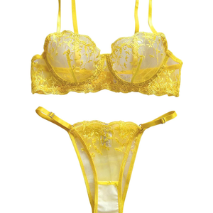 Lilosy Sexy Floral Embroidered Mesh Women Underwire Push Up Lingerie Set S