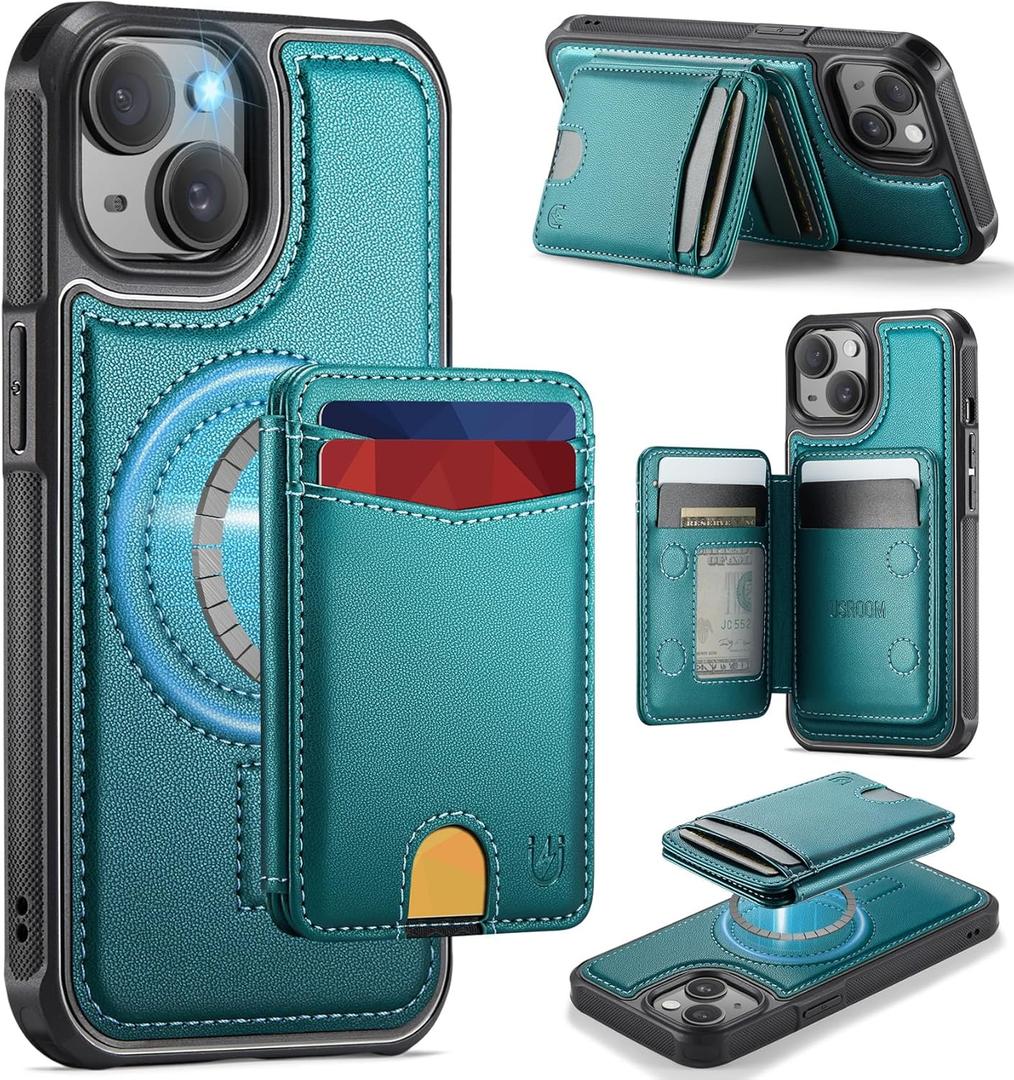 for iPhone 13 Wallet Case Compatible with Magsafe, Magnetic RFID Blocking Card Holder Kickstand 2 in 1 Detachable Case for iPhone 13 6.1", Bluish Green