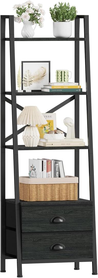Furologee 4-Tier Ladder Shelf, Small Bookshelf with 2 Drawers, Vertical Bookcase Storage Rack Organizer, Display Bookshelves for Living Room, Bedroom, Bathroom, Home Office, Kitchen, Black Oak