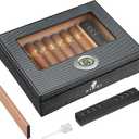 XIFEI Cigar Humidor, Glass Top Carbon Fiber Texture with Digital Hygrometer, Including Cigar humidifier, Divider, Cedar Wood Humidor Box, Holds 25-35 Cigars (9IN*7.5 * 2.8)