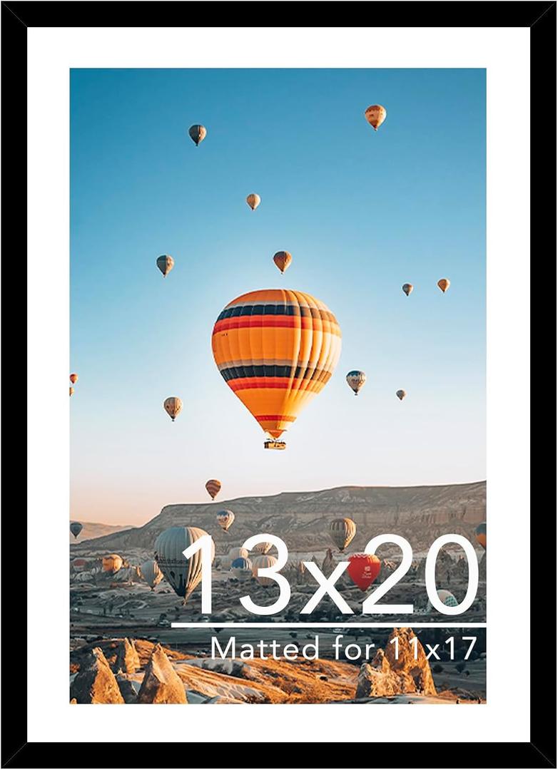 JCJMY 13x20 Picture Frame with 11x17 Mat, Display Photo 11x17 with Mat or 13 x 20 Without Mat, Wall Hanging Large 13 by 20 Poster Frame with Plexiglass, Black