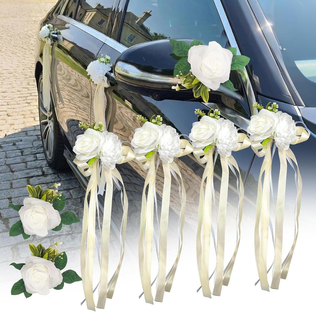6 PCS White Rose & Peony Wedding Car Decoration Kit Floral Bouquet Car Door Handle & Mirror Flowers with Satin Ribbon Bows, Elegant Artificial Floral Accessories for Just Married Car Decor (White)