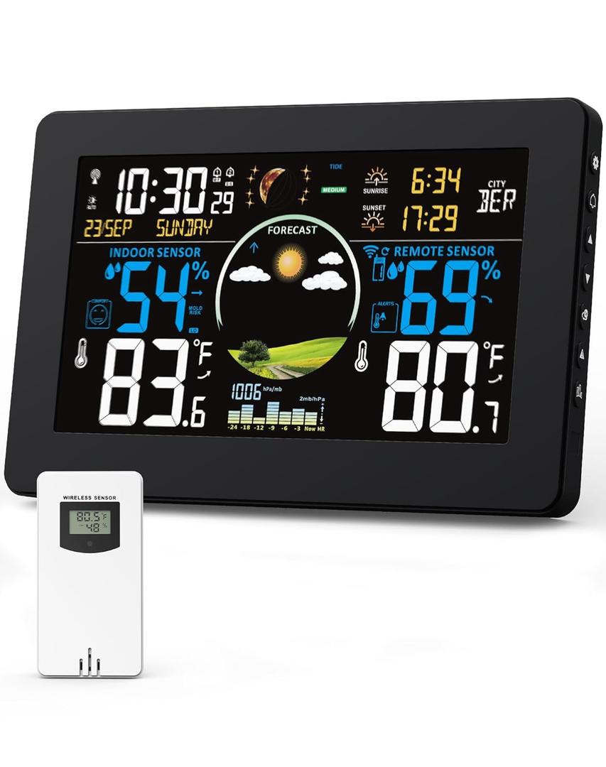 Weather Station Wireless Indoor Outdoor Thermometer, 7.5" VA Display with Remote Sensor, Home Weather Station with Weather Forecast, Temperature, Humidity, Atomic Clock, Black