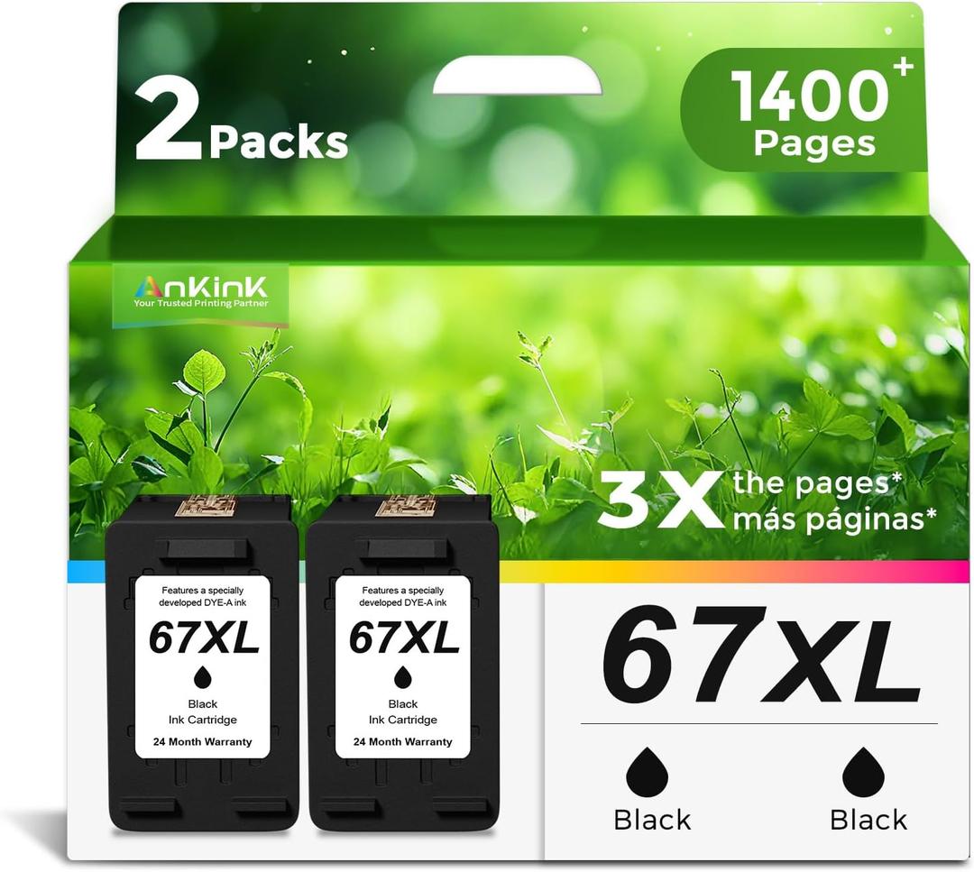 Ankink 67XL Black Ink Cartridge Replacement for HP 67 XL (2-Pack) use with DeskJet Envy 2755e 6055e 2700 2700e 6000 6000e 4155e 2734e 6455e 6400 2752e 4100 4100e 6400e 6458e Printer 67XXL