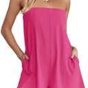 ReachMe Womens Strapless Short Rompers Off Shoulder One Piece Short Jumpsuits Summer Sleeveless Rompers with Pockets Large, Hot Pink 