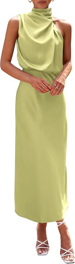 PRETTYGARDEN Women's 2025 Summer Satin Dress Elegant Sleeveless Mock Neck Cocktail Party Maxi Dresses S