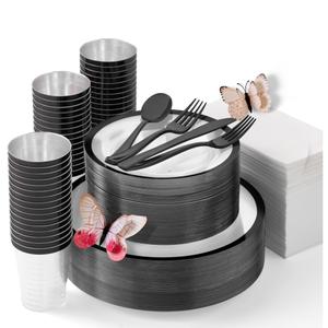 By Madee HEAVYWEIGHT 400 Pcs Clear and Black Plastic Plates for Party 50 Guests | High End Disposable Plates, Silverware, Napkins & Cups | Fancy Disposable Dinnerware Set | Gift of 3D Butterflies