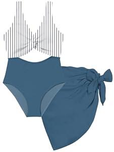 Funnycokid Girls One Piece Swimsuit Size 14-16 Bathing Suit Twist-Knot Blue Stripes Color Block Pad Teen Swimwear with Cover Up Skirt