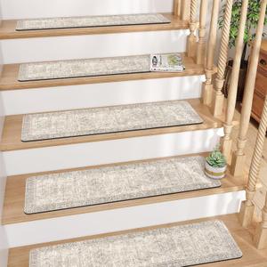 Stair Treads Non Slip 15PCS 8"x30" Stair Runner, Rubber Backing Carpet Stair Treads for Wooden Steps, Washable Safety Carpet for Stairs Khaki Indoor Staircase Step Treads for Kids Elder Dogs