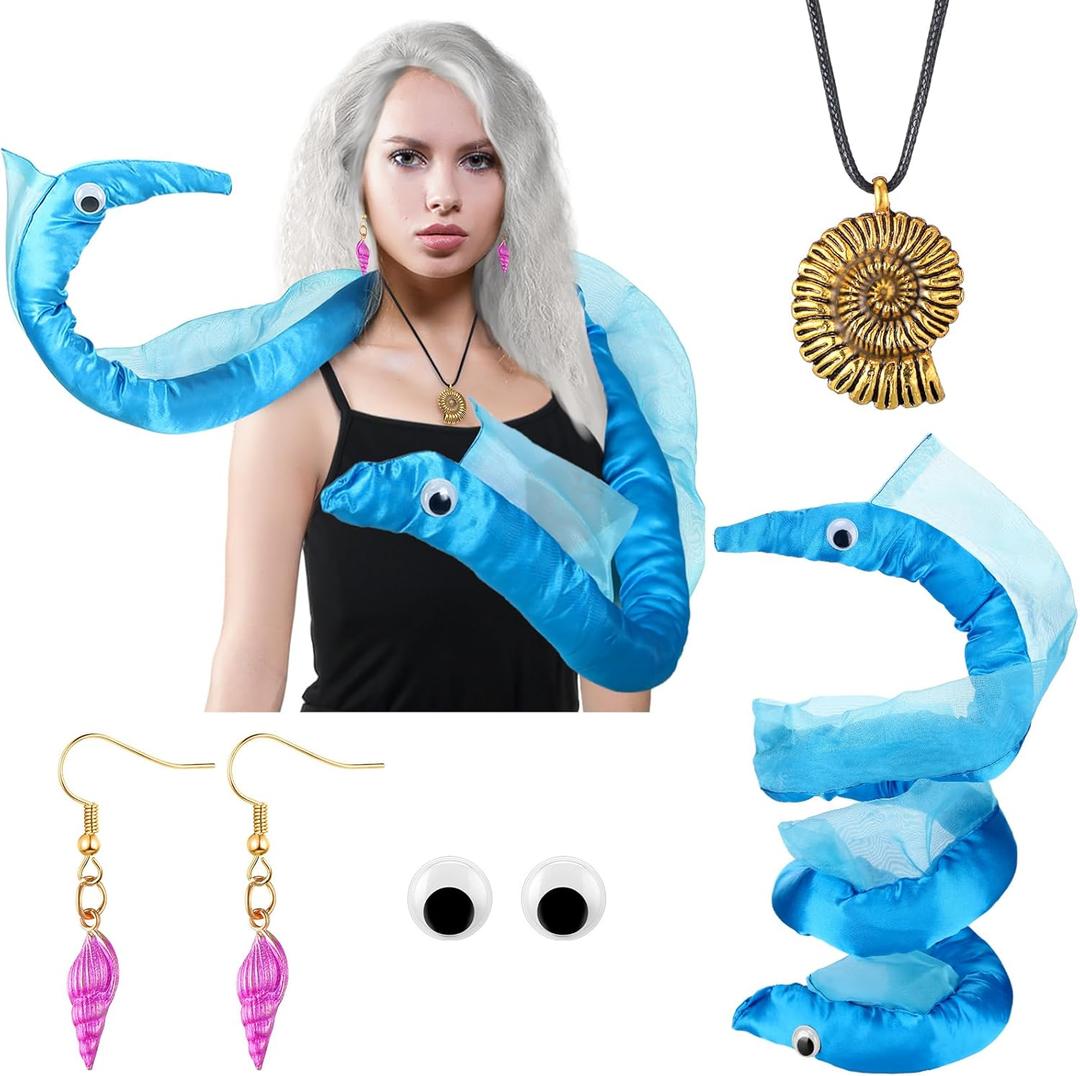 Landical 4 Set Halloween EEL Scarf Costumes Accessories Undersea Witch Cosplay Seashell Necklace Earrings For Halloween Costumes Accessories