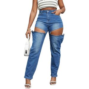 YOOTIKO Women's Baggy Jeans Y2K High Waisted Cutout Straight Leg Stretchy Boyfriend Denim Pants Streetwear (Large, 1 Blue)