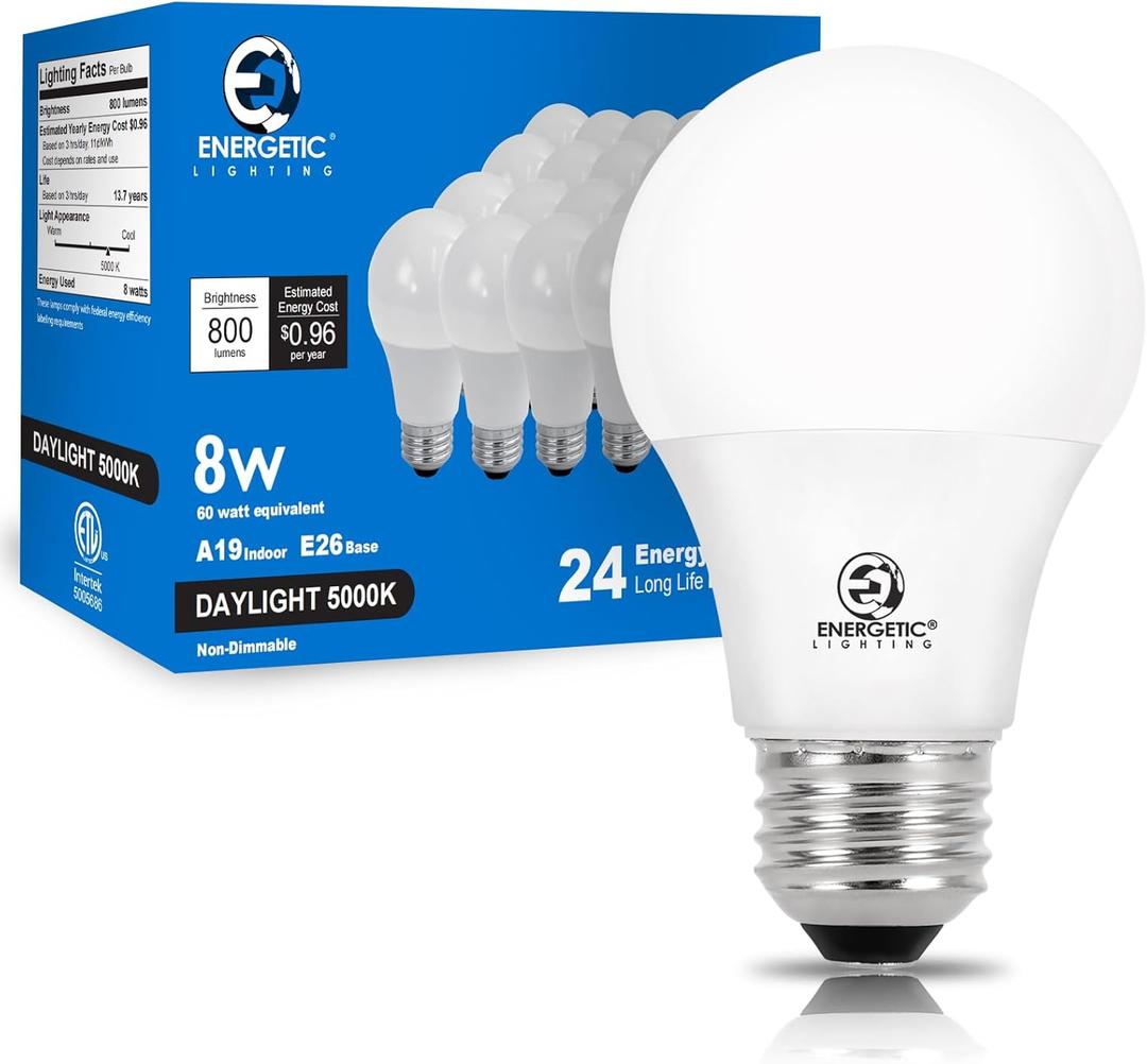 Energetic Light Bulbs 60 Watt Equivalent, A19 Daylight LED Light Bulbs, 15000 Hrs E26 Base, 8W 800LM 5000K Light Bulb, ETL Listed, Non-Dimmable, 24-Pack