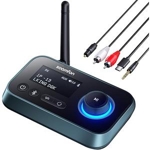 SOOMFON Bluetooth Transmitter for TV 3in1 Bluetooth 5.0 Transmitter Receiver for TV to 2 Headphones with LCD Display Adjustable Volume, Optical AUX RCA Bypass for Home Stereo Speaker