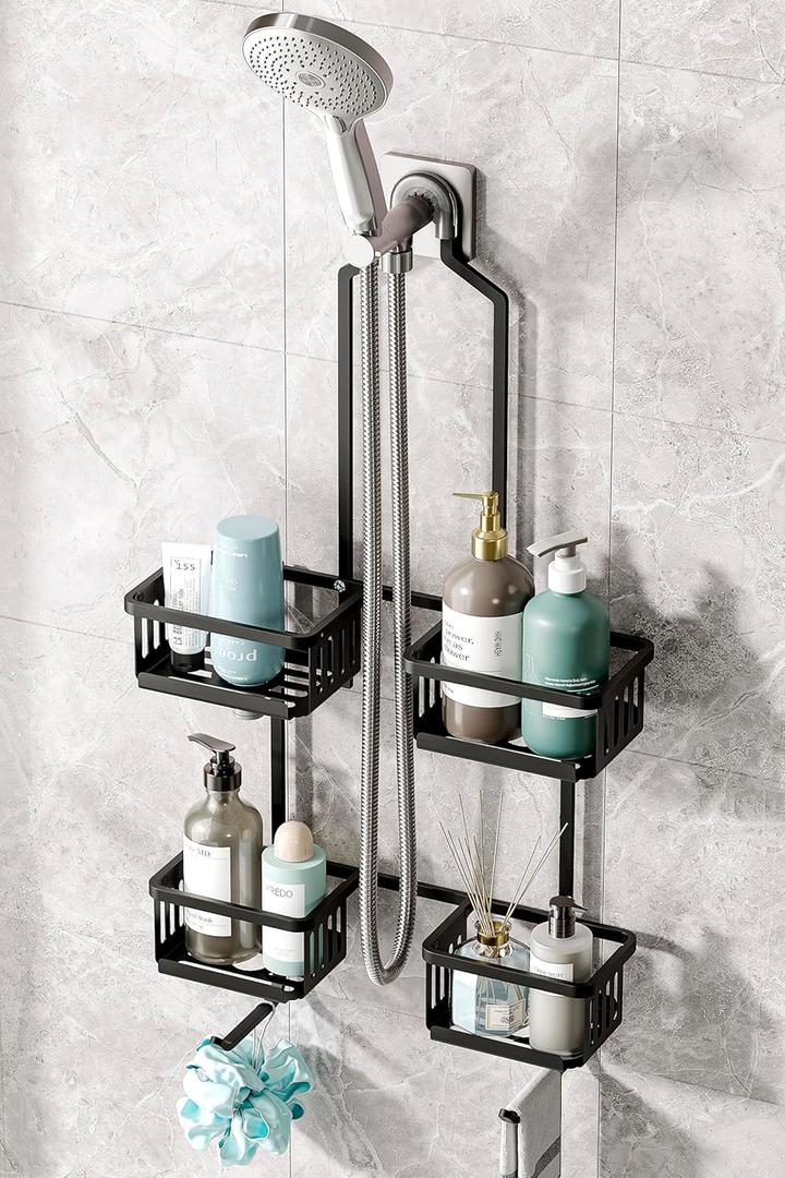 Aluminum Shower Caddy Hanging for Handheld Showerheads, Never Rust Shower Organizer with Hooks Holder Toothbrush HolderOver Showerhead Caddy for Bathroom, Black