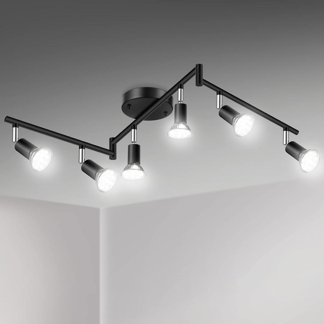 Unicozin LED 6 Light Track Lighting Kit, 46.5'' Black 6 Way Ceiling Spot Lighting, Flexibly Rotatable Head, Track Light Included 6 x LED GU10 Bulb (4W, Daylight White 5000K, 400LM)