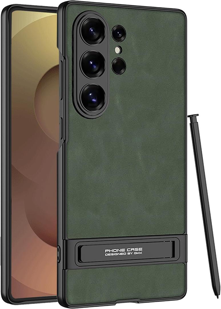 Leather Case for Samsung Galaxy S26 Ultra with Invisible Kickstand, Slim Luxury Vegan PU Leather & Hard PC Anti-Slip Rugged Shockproof Protective Cover for Samsung Galaxy S26 Ultra(Green)