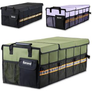 Car Trunk Organizer with Lid,Collapsible Car Storage Organizer with Multi Compartments and Securing Straps for SUV,Sedan,Jeep-Green
