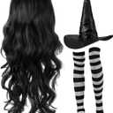 Janinka Halloween Witch Costume Set for Woman, Wig, Witch Hat, Socks (Black ,Gray)