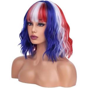 WTHCOS Red White Blue Wigs for Women Girls American Flag Wig 4th of July Wigs Short Curly Wavy Wigs With Bangs Fourth of July Party Wig