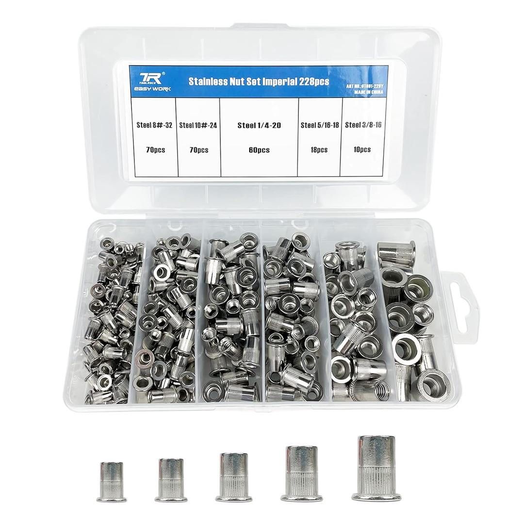 228PCS Stainless Steel Rivet Nuts Kit, SAE UNC Rivet Nuts Assortment 8#-32, 10#-24, 1/4"-20, 5/16"-18, 3/8"-16, Flat Head Threaded Rivet Insert Rivet Nut, Threaded Rivets Nuts Assortment Kit