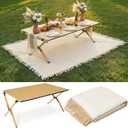 Wesiti 2 Pcs Low Picnic Table Foldable Lightweight Picnic Table Set with 34" x 23" Extra Large Outdoor Camping Blanket Sandproof Boho Beach Woven Cotton Yarn Blanket for Camping Beach Patio