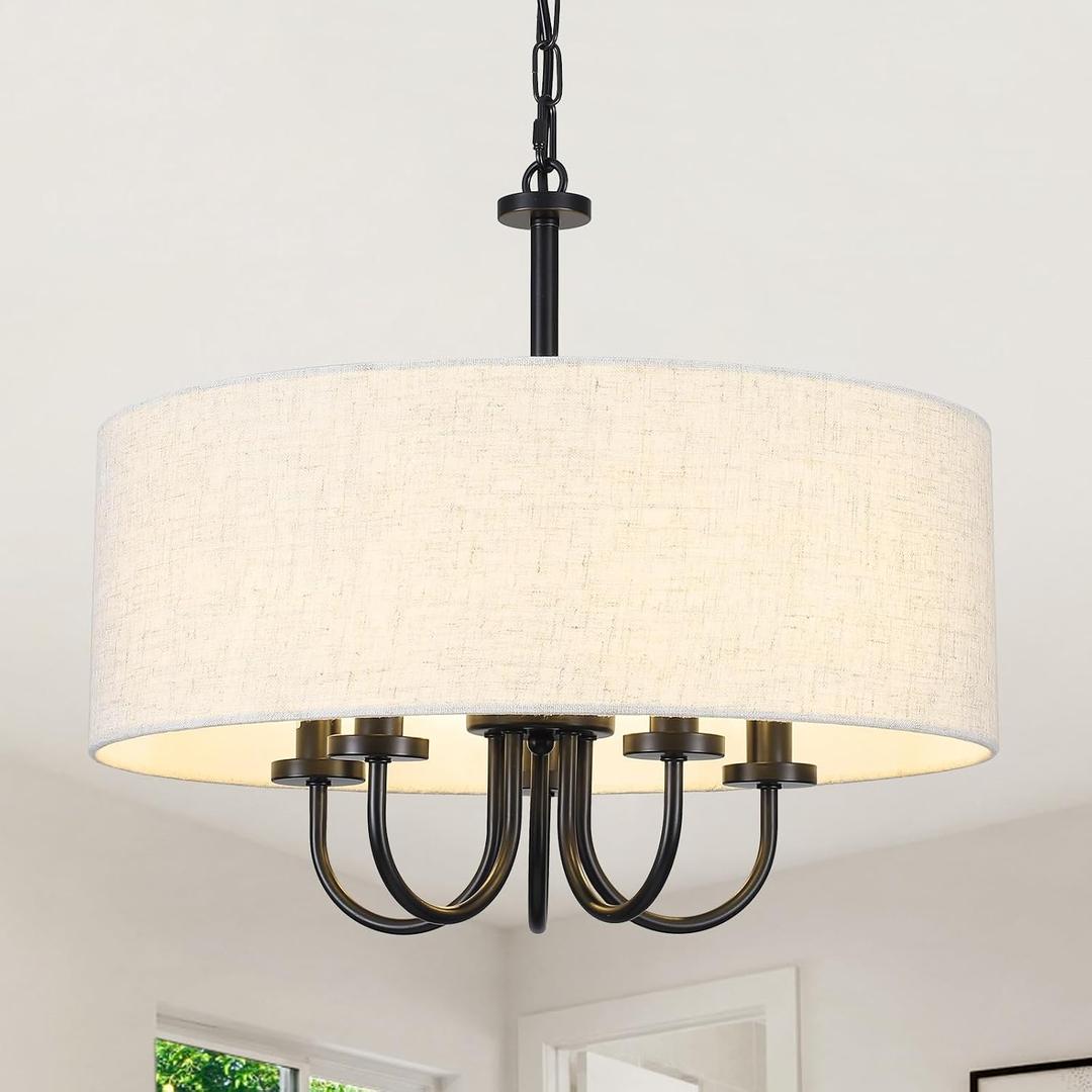 Drum Chandelier 5 Light 19" Dining Room Chandeliers Modern Black Farmhouse Chandelier White Linen Drum Shade Pendant Light Fixture for Living Room Bedroom Hallway