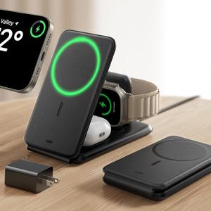 ESR 3 in 1 Charging Station for Apple, [Certified] Apple Watch Charger & 15W MagSafe Charger Stand for iPhone, Travel Charger for Multiple Devices, iPhone 17-12, Watch & AirPods, Black